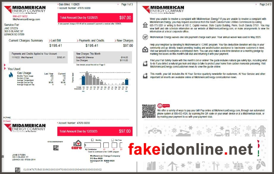 MidAmerican Energy Company (IA/IL) Utility Bill Template